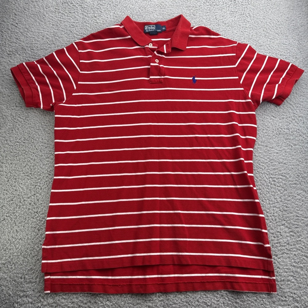 POLO RALPH LAUREN Mens XL S/S Polo Shirt White Red Stripe Cotton VTG